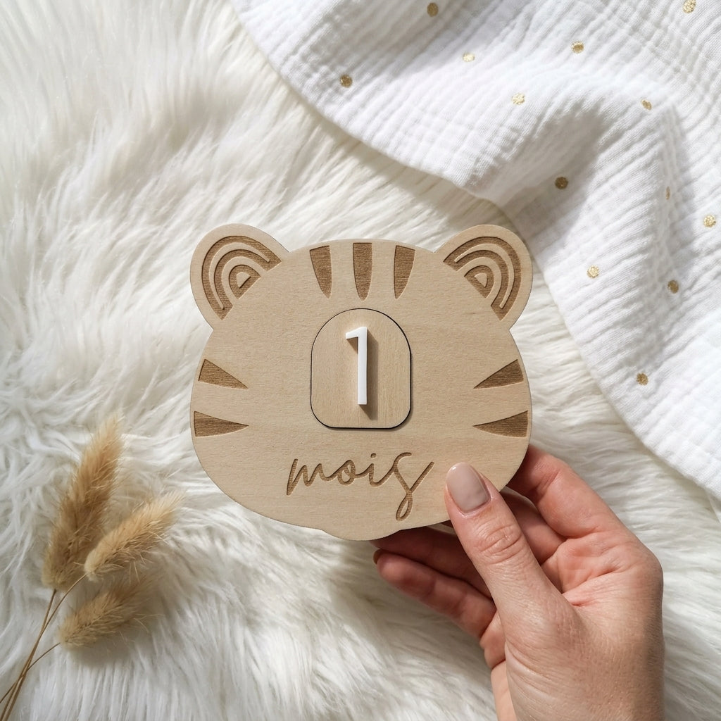 Cartes étapes bébé en bois et acrylique (motif tigre) • Souvenir de naissance