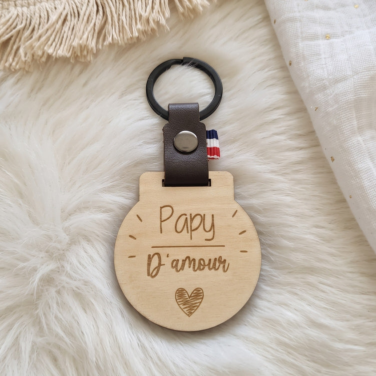 Porte-clés personnalisé bois & cuir • Cadeau Papy