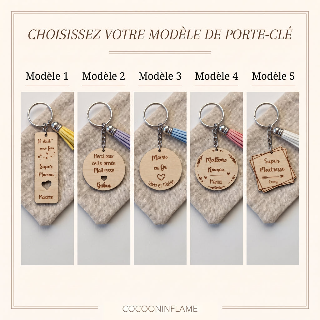 Porte-clés en bois personnalisé avec pompon • Maîtresse, Nounou, Mamie