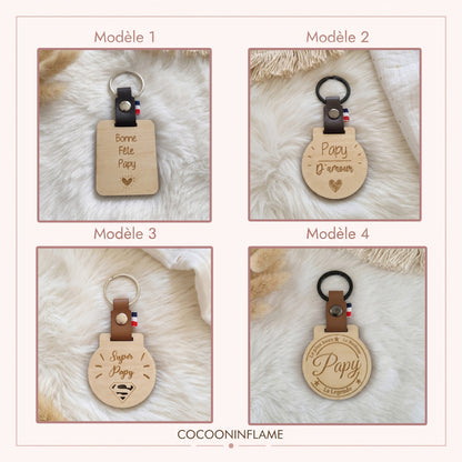 Porte-clés personnalisé bois & cuir • Cadeau Papy