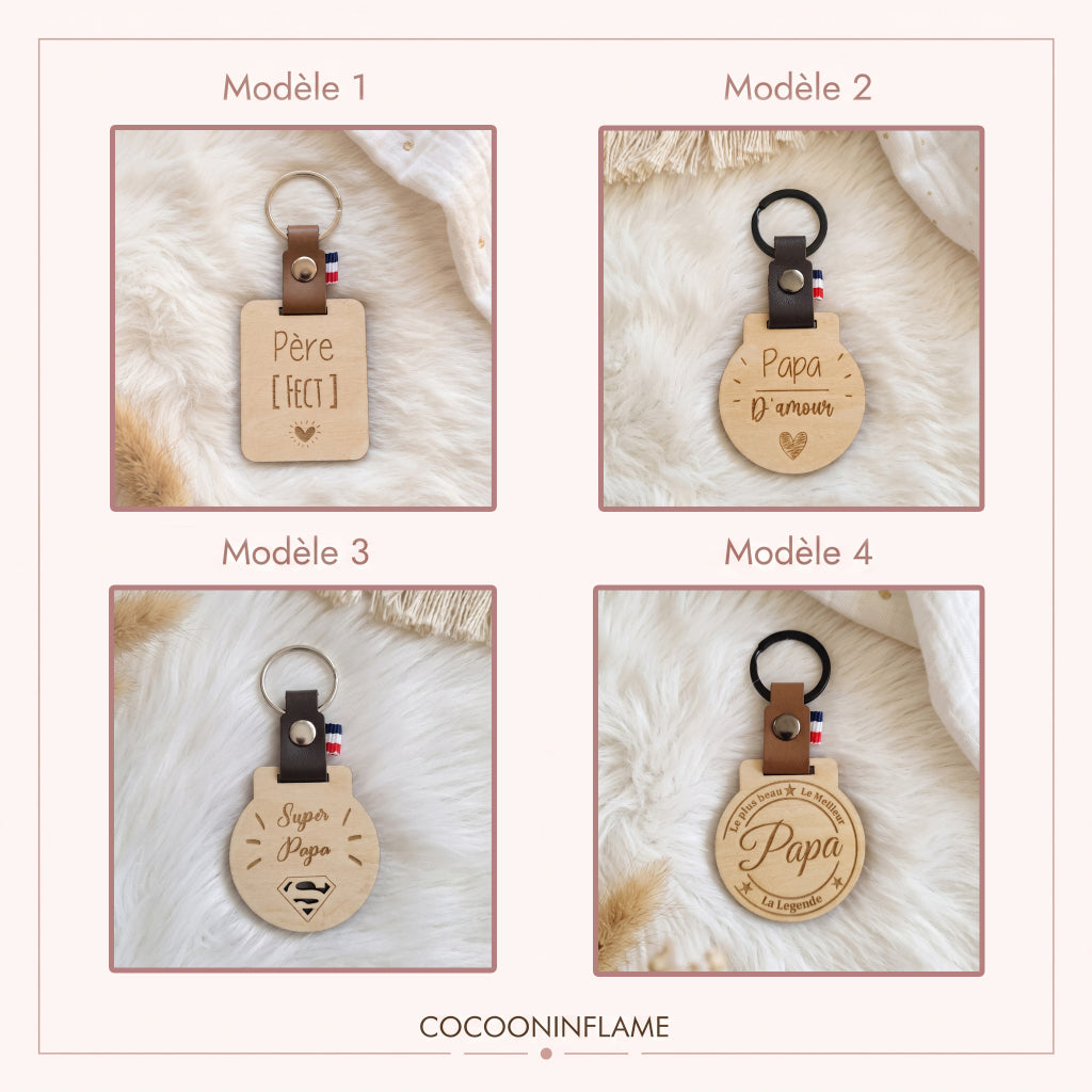 Porte-clés personnalisé bois & cuir • Cadeau Papa