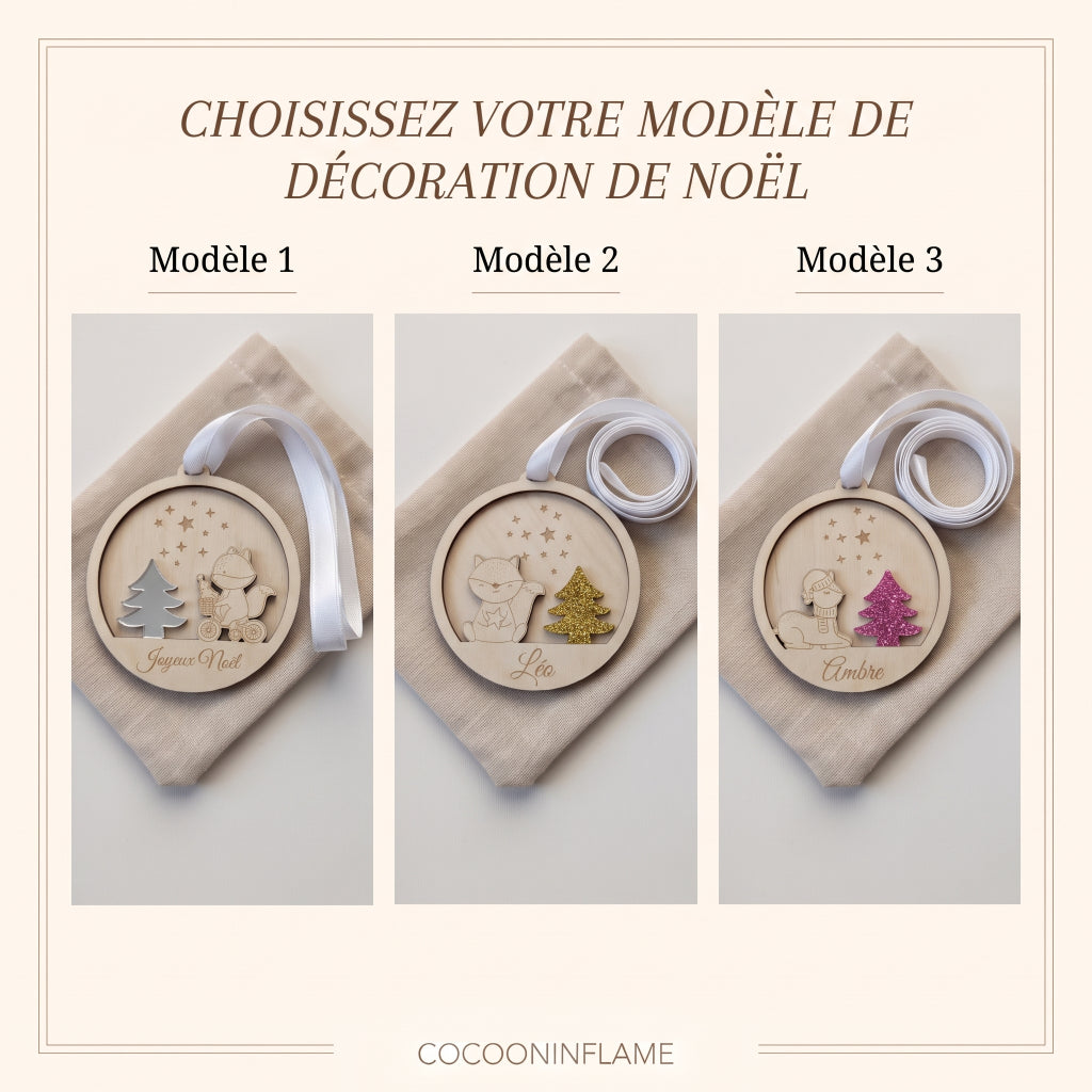 Boule de Noël personnalisée en bois et acrylique • Sapin & prénom