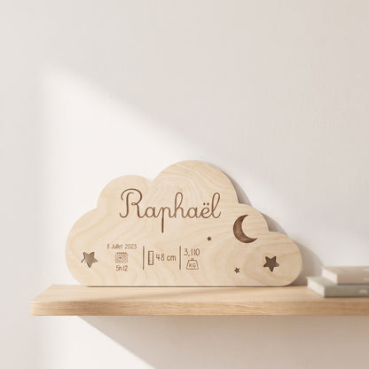 Plaque de naissance personnalisée en bois • Nuage & ballon