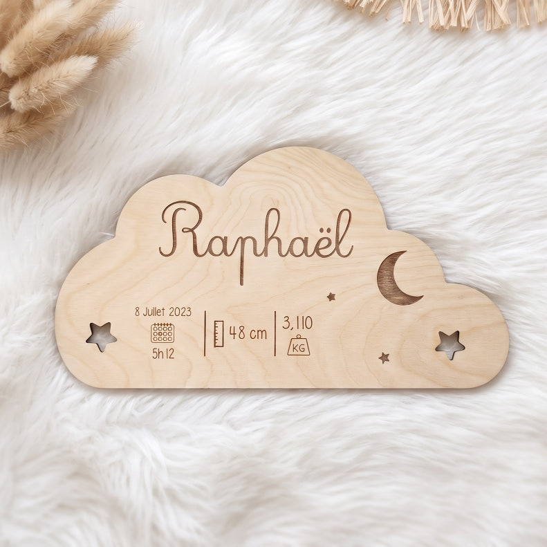 Plaque de naissance personnalisée en bois • Nuage & ballon