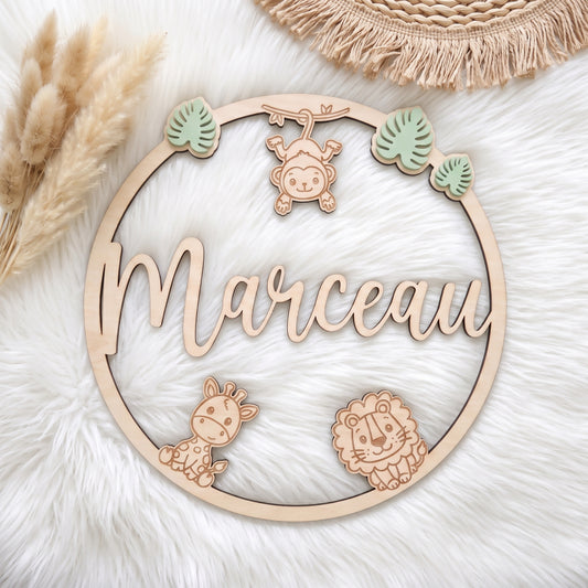 Plaque prénom en bois jungle • Déco chambre safari (20 cm)