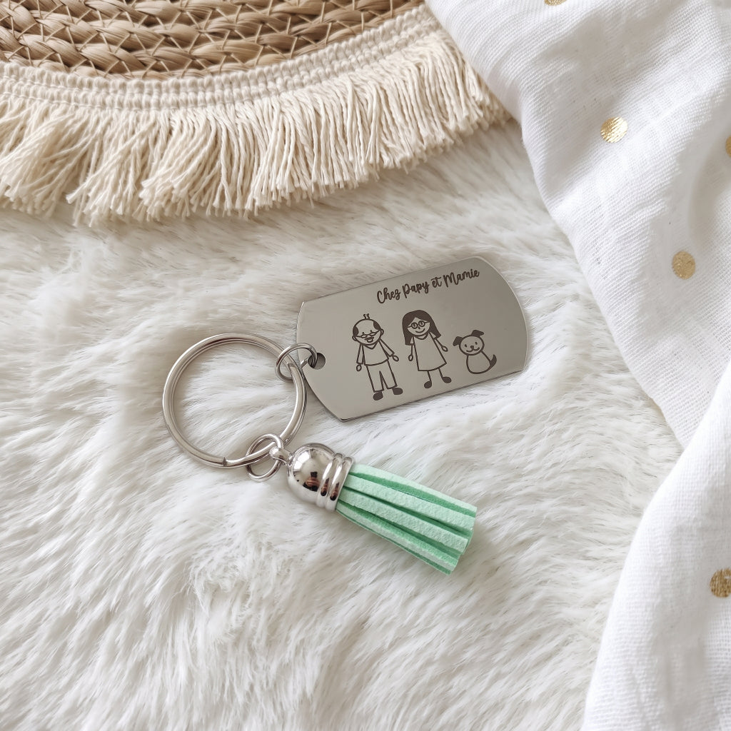 Porte-clés famille en acier inoxydable & pompon • Prénoms
