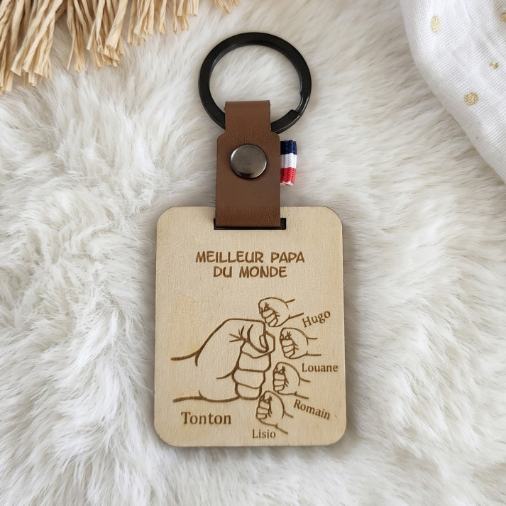 Porte-clés Personnalisé Bois et Cuir - Prénoms Gravés papa papy