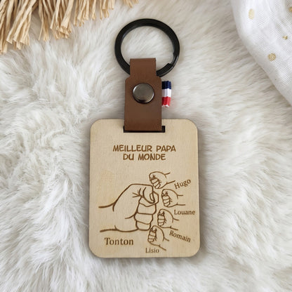 Porte-clés Personnalisé Bois et Cuir - Prénoms Gravés papa papy