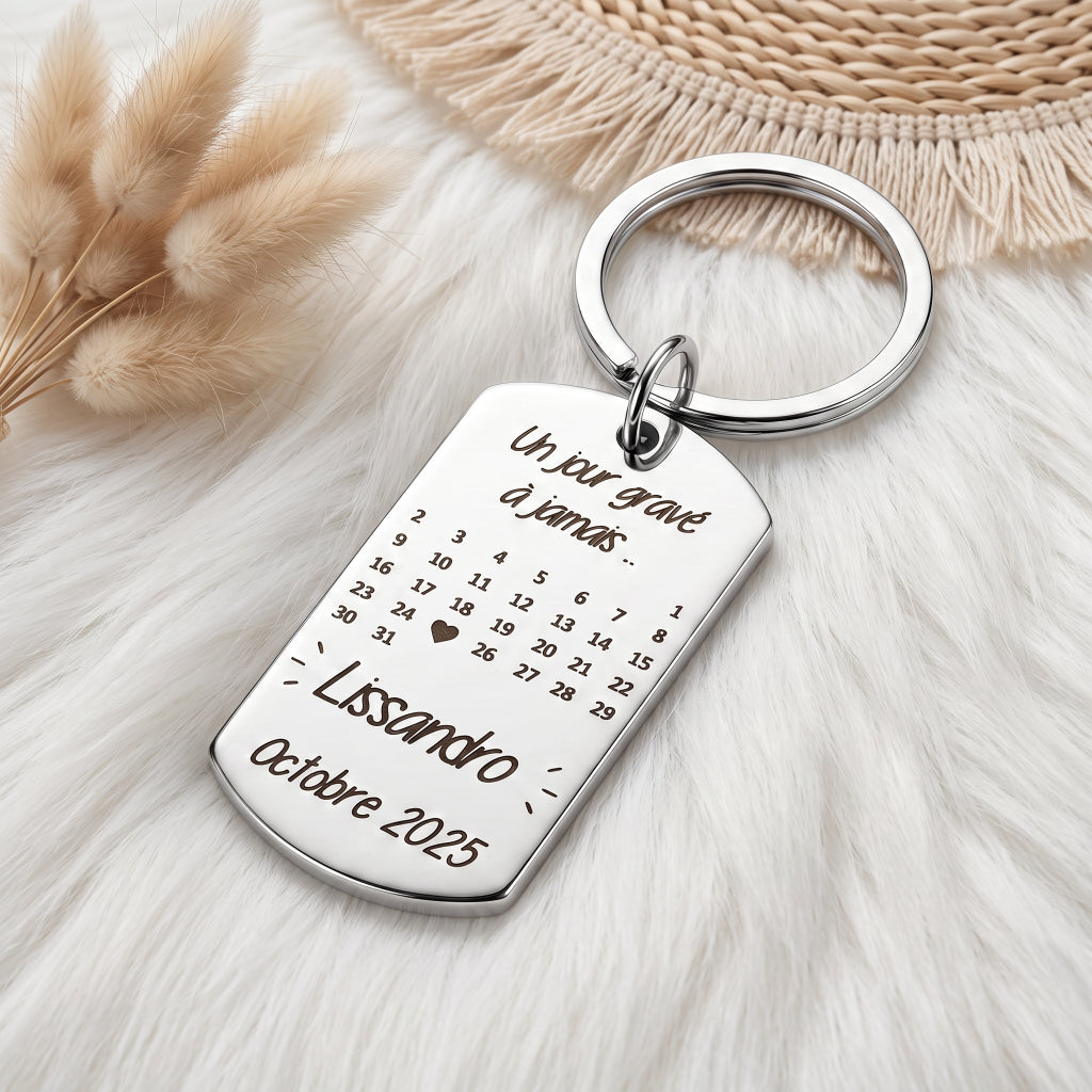 Porte-clés calendrier gravé en acier • Cadeau couple & date