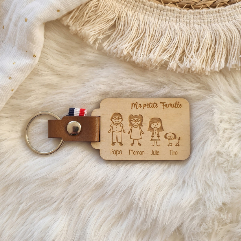 Porte-clés famille personnalisé bois & cuir • Prénoms