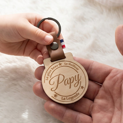 Porte-clés personnalisé bois & cuir • Cadeau Papy