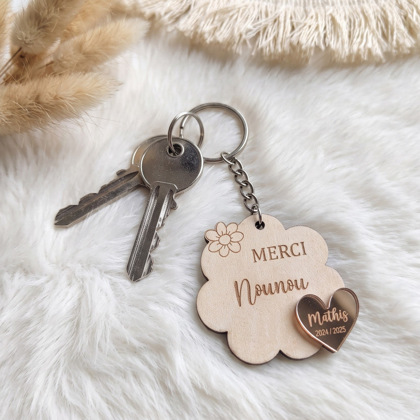 Porte-clés personnalisé en bois et cœur rose gold