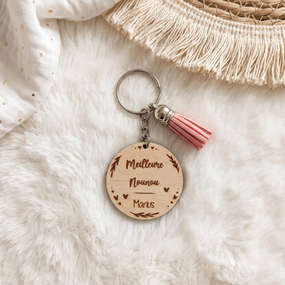 Porte-clés en bois personnalisé avec pompon • Maîtresse, Nounou, Mamie