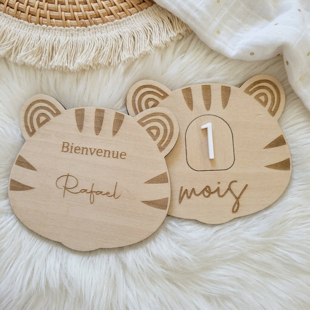 Cartes étapes bébé en bois et acrylique (motif tigre) • Souvenir de naissance