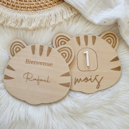 Cartes étapes bébé en bois et acrylique (motif tigre) • Souvenir de naissance