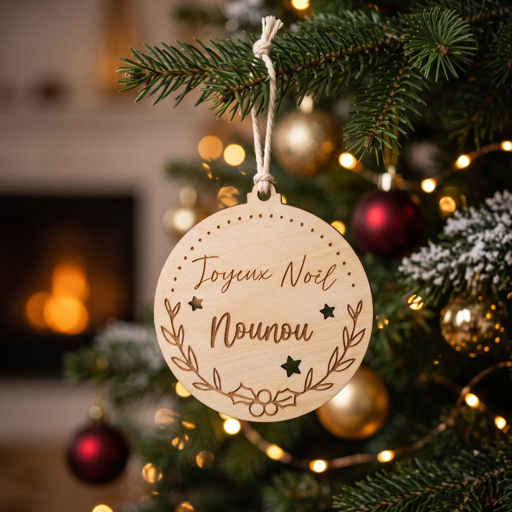 Boule de Noël en bois gravée • Maîtresse, Nounou, Mamie