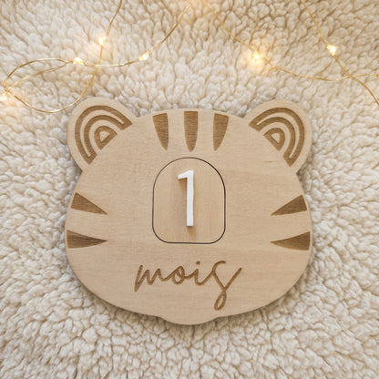 Cartes étapes bébé en bois et acrylique (motif tigre) • Souvenir de naissance
