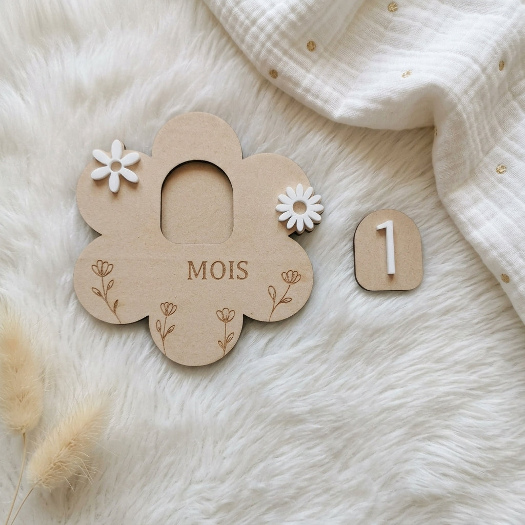 Cartes étapes bébé en bois et acrylique (motif fleur) • Souvenir de naissance