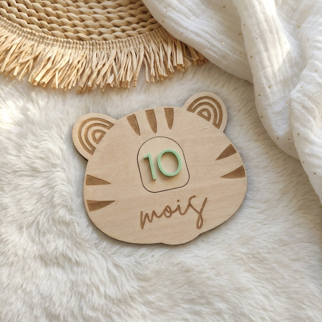 Cartes étapes bébé en bois et acrylique (motif tigre) • Souvenir de naissance