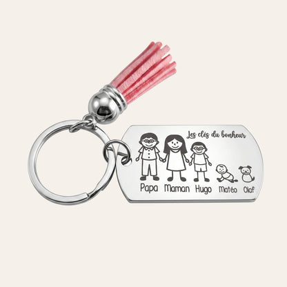 Porte-clés famille en acier inoxydable & pompon • Prénoms