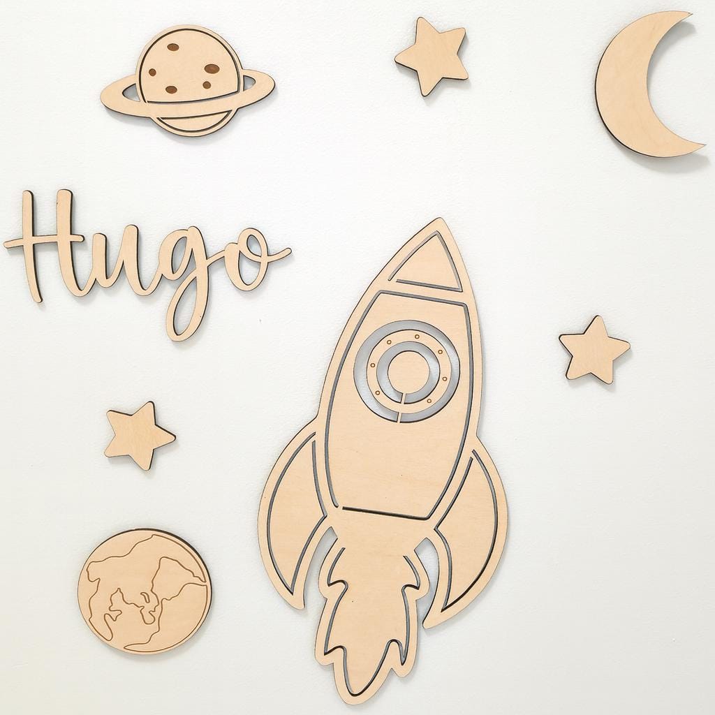Décoration murale espace personnalisée en bois – Fusée, lune, étoiles, planète & prénom – Cadeau naissance, baptême, chambre enfant