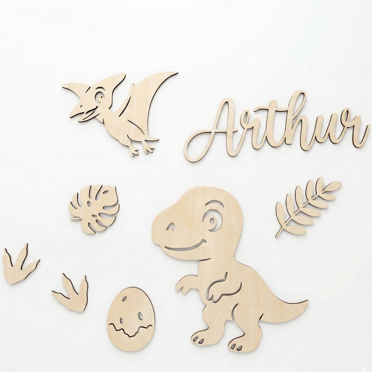 Décoration Murale Dinosaures en Bois - Kit 7 Pièces + Prénom Personnalisé (Option) - Déco Chambre Bébé & Garçon - Fixation Facile Incluse