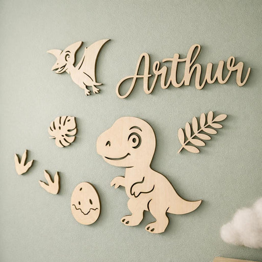 Décoration Murale Dinosaures en Bois - Kit 7 Pièces + Prénom Personnalisé (Option) - Déco Chambre Bébé & Garçon - Fixation Facile Incluse