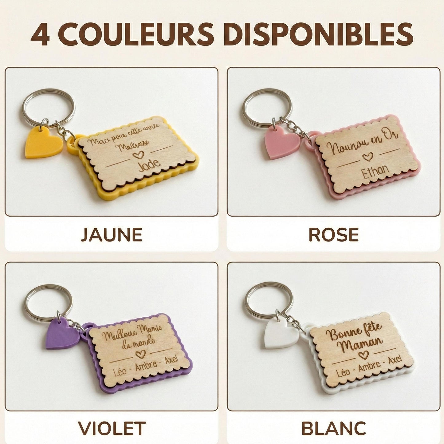 Porte-clés Biscuit Personnalisé Gravé Bois | Cadeau Maîtresse, Nounou, Mamie, Maman | Prénom & Message au Choix 4 Couleurs au choix