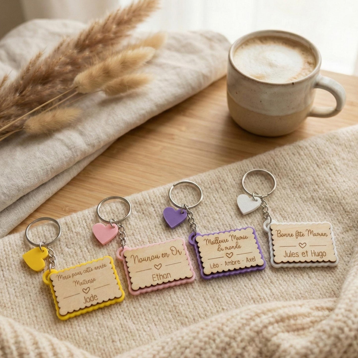 Porte-clés Biscuit Personnalisé Gravé Bois | Cadeau Maîtresse, Nounou, Mamie, Maman | Prénom & Message au Choix 4 Couleurs au choix