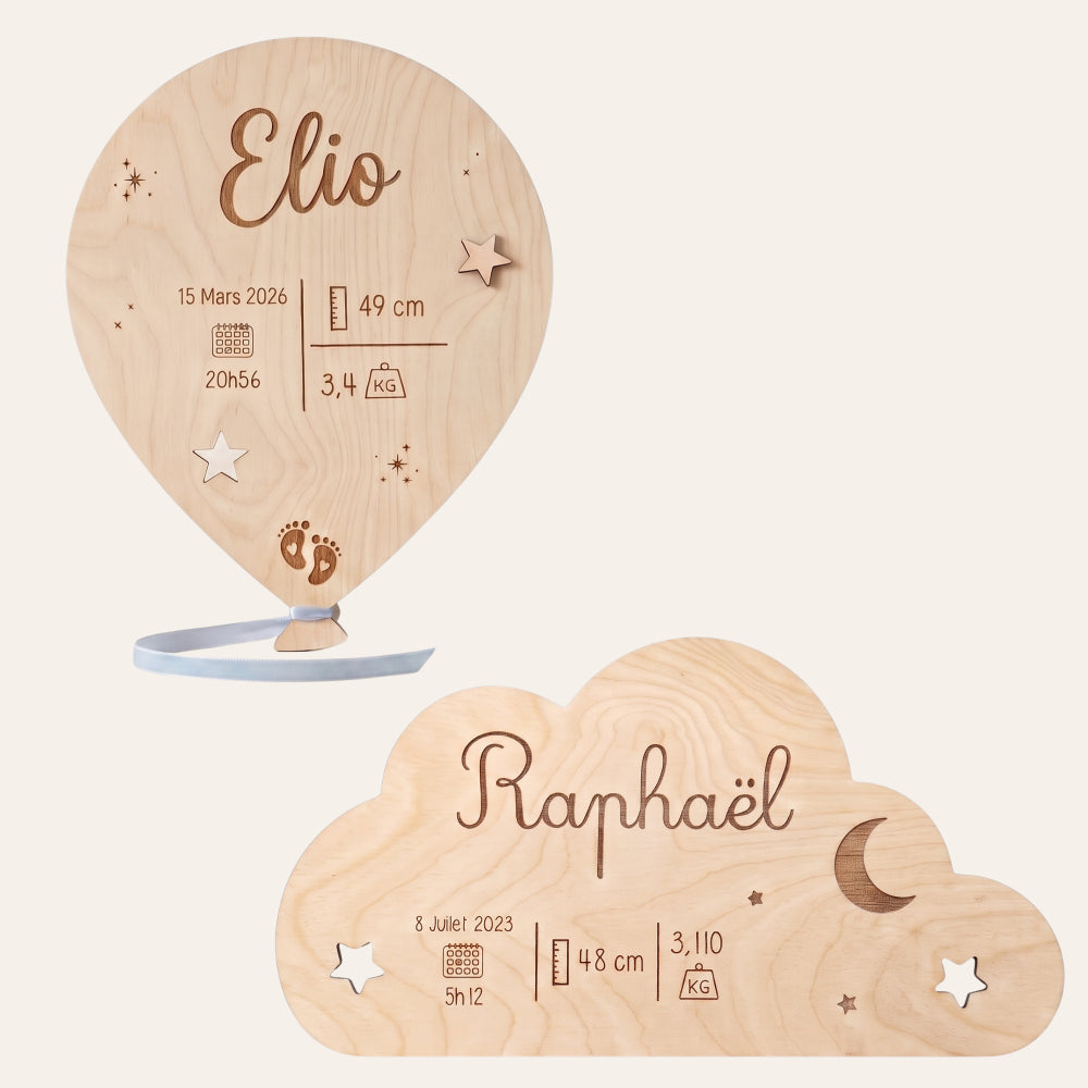 Plaque de naissance personnalisée en bois • Nuage & ballon