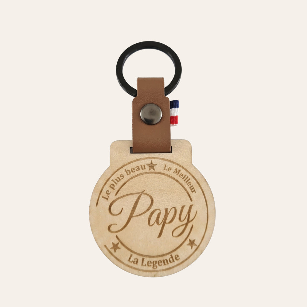 Porte-clés personnalisé bois & cuir • Cadeau Papy