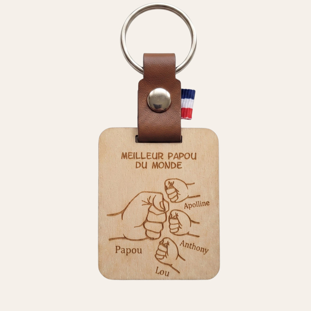 Porte-clés Personnalisé Bois et Cuir - Prénoms Gravés