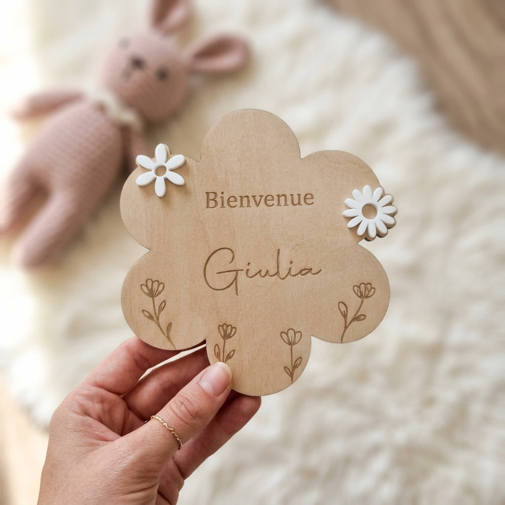 Cartes étapes bébé en bois et acrylique (motif fleur) • Souvenir de naissance