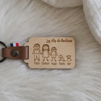 Porte-clés famille personnalisé bois & cuir • Prénoms