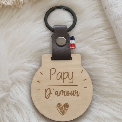 Porte-clés personnalisé bois & cuir • Cadeau Papy