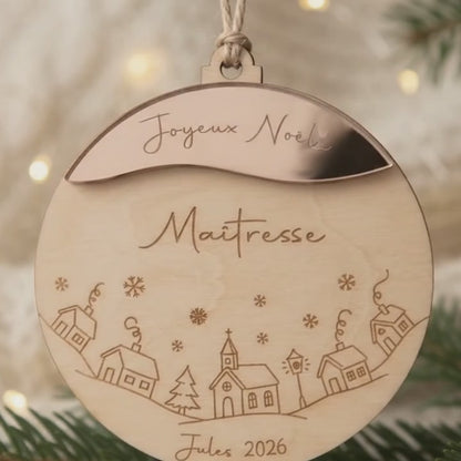 Boule de Noël personnalisée bois & miroir rose gold • Maîtresse, Nounou, Mamie